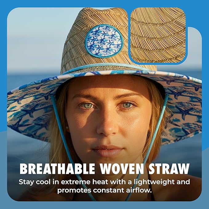 Lifeguard Hat Mens Straw Sun Hat for Beach, Outdoor, and Travel | UPF 50+ Sun Protection | Wide Brim Straw Beach Hat | Classic Sun Hat for Men and Women (White & Blue Floral)