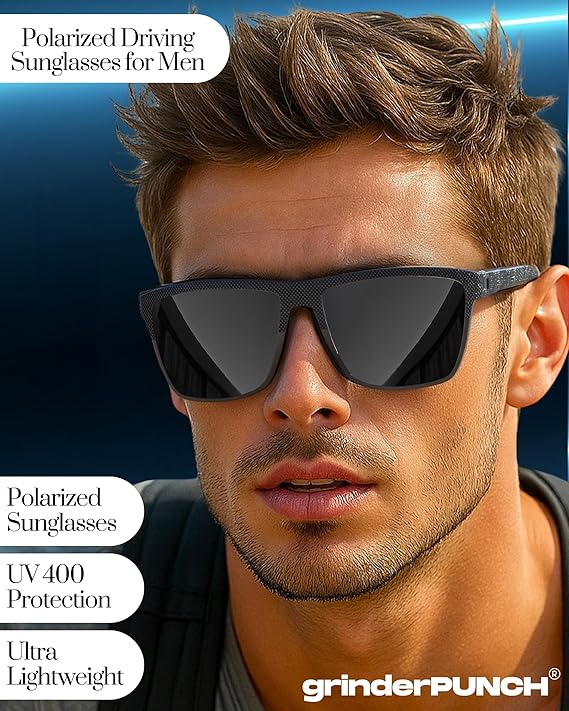 grinderPUNCH Polarized Driving Sunglasses for Men and Women UV Protection Lightweight UV400 Protection Anti Glare Square Sun Glasses