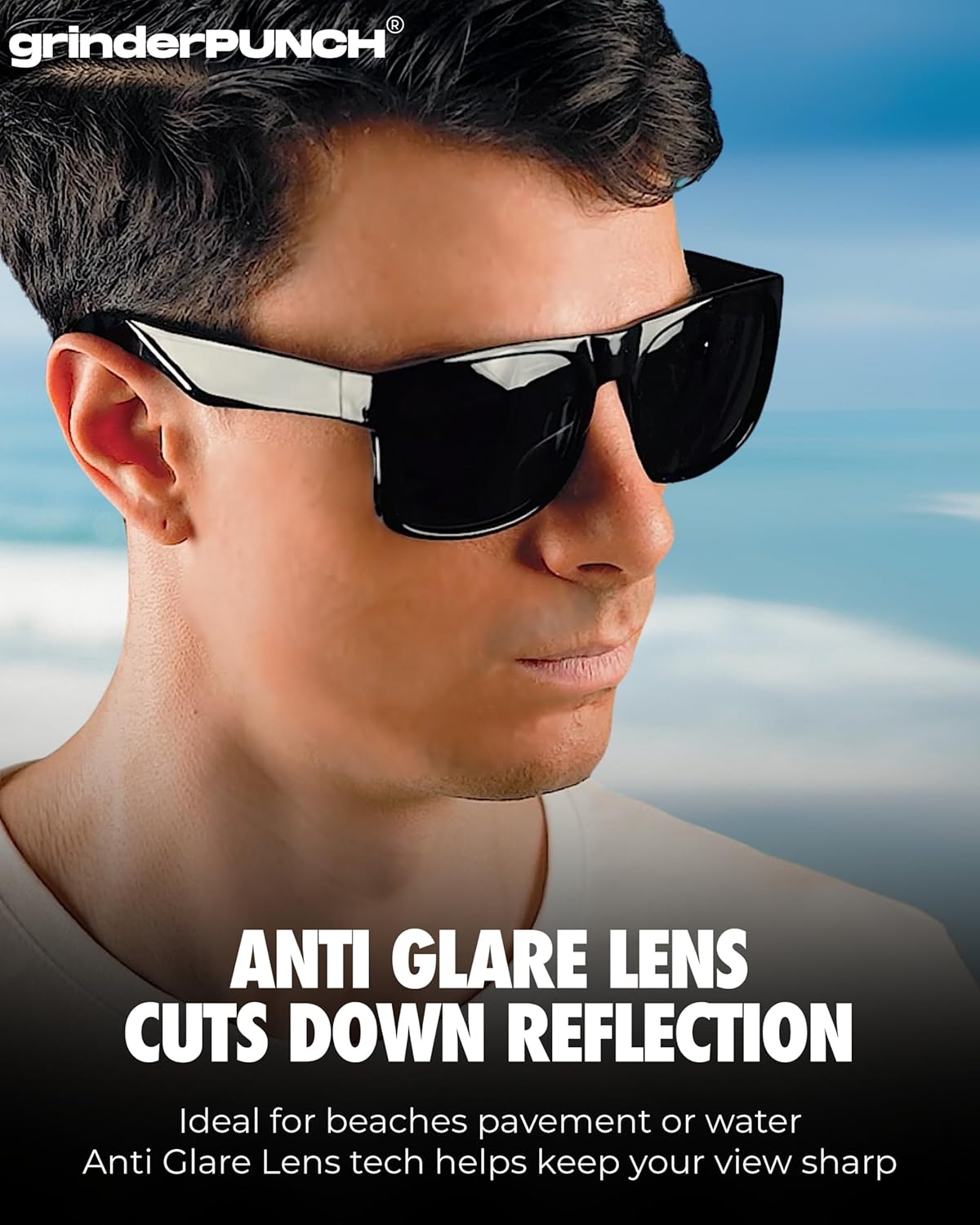 grinderPUNCH XL Polarized Sunglasses – Oversized Fit for Big Heads, Black Lens, Glossy Frame, Driving Shades
