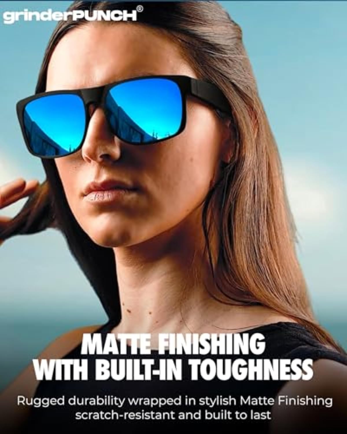 grinderPUNCH XL Oversized Polarized Sunglasses for Men – Wide Fit for Big Heads, Matte Frame, Blue Mirror Lens