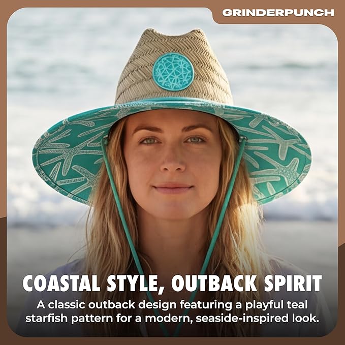 Lifeguard Hat Mens Straw Sun Hat for Beach, Outdoor, and Travel | UPF 50+ Sun Protection | Wide Brim Straw Beach Hat | Classic Sun Hat for Men and Women (Teal Starfish)