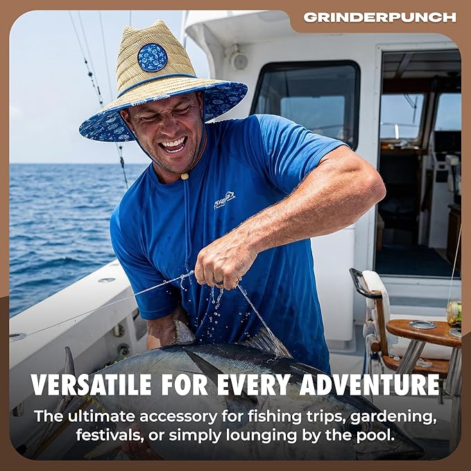 Lifeguard Hat Mens Straw Sun Hat for Beach, Outdoor, and Travel | UPF 50+ Sun Protection | Wide Brim Straw Beach Hat | Classic Sun Hat for Men and Women (Blue Nautical)