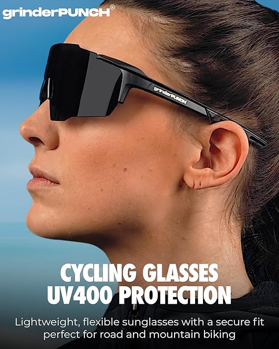 grinderPUNCH UV 400 Sports Sunglasses Cycling Glasses, Biking Goggles Running Hiking Golf Fishing Driving (Black)