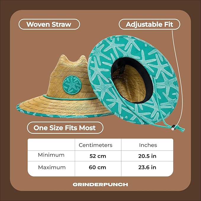 Lifeguard Hat Mens Straw Sun Hat for Beach, Outdoor, and Travel | UPF 50+ Sun Protection | Wide Brim Straw Beach Hat | Classic Sun Hat for Men and Women (Teal Starfish)