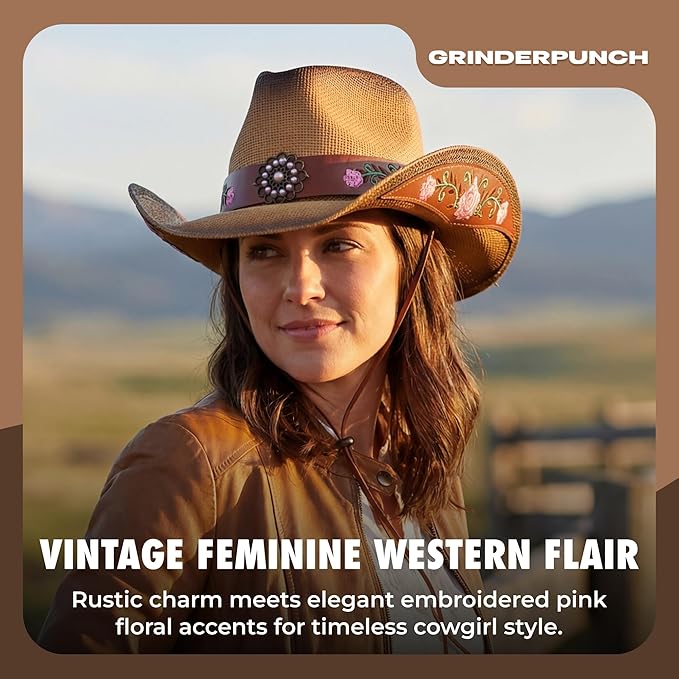 grinderPUNCH Western Outback Cowboy Hat Men's Women's Style Classic Straw Western Cowgirl Hat