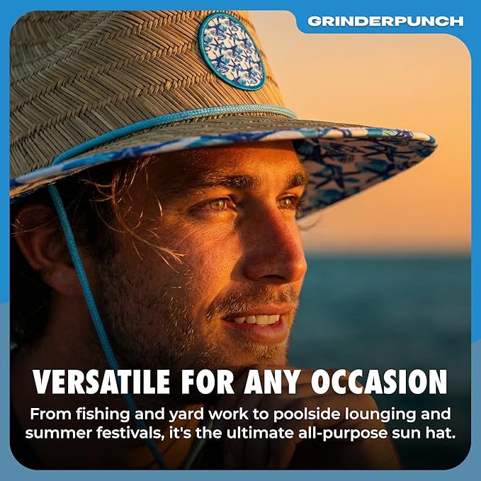 Lifeguard Hat Mens Straw Sun Hat for Beach, Outdoor, and Travel | UPF 50+ Sun Protection | Wide Brim Straw Beach Hat | Classic Sun Hat for Men and Women (White & Blue Floral)