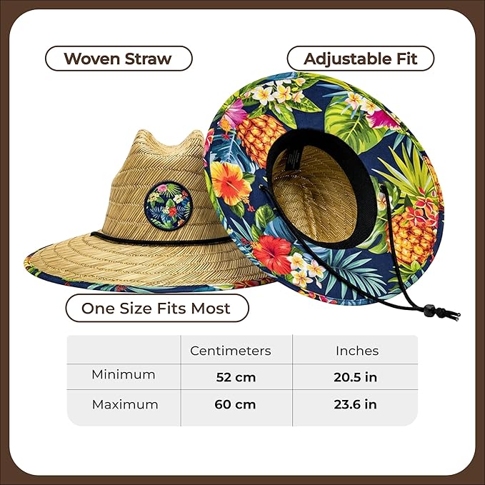 grinderPUNCH Lifeguard Hat Mens Straw Sun Hat for Outdoor, and Travel | UPF 50+ Sun Protection | Straw Beach Hat for Men (US, Alpha, One Size, Tropical Pineapple)
