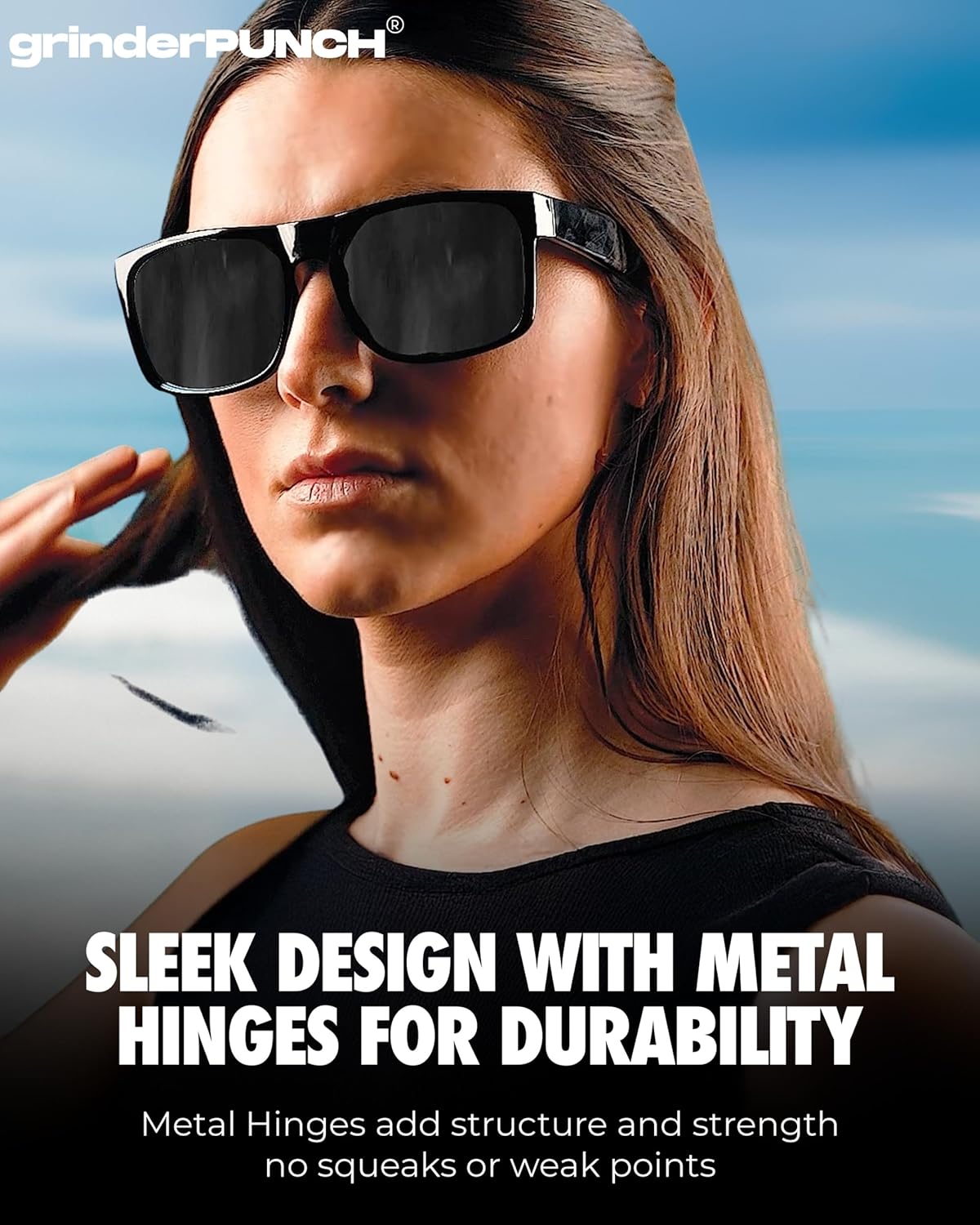 grinderPUNCH XL Polarized Sunglasses – Oversized Fit for Big Heads, Black Lens, Glossy Frame, Driving Shades