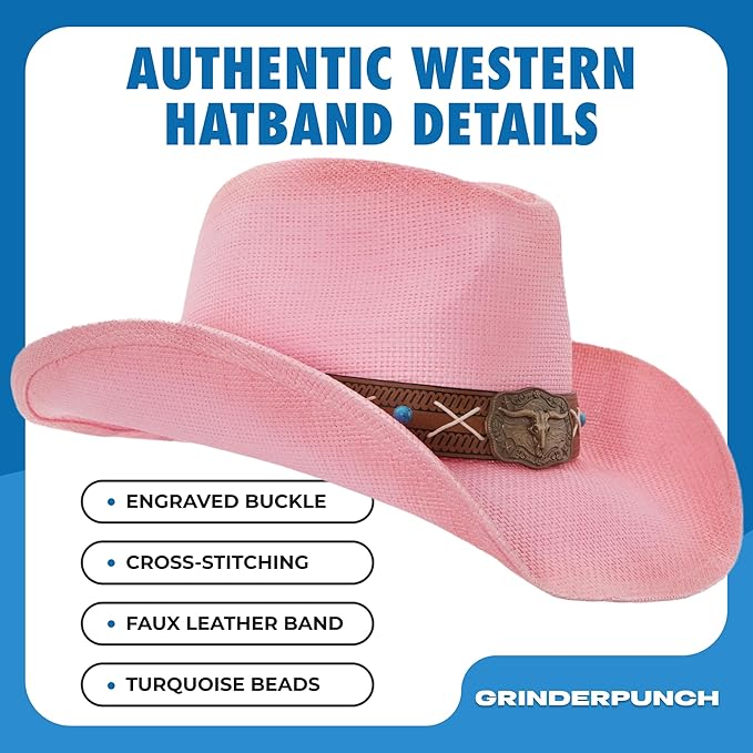 Western Outback Cowboy Hat Men's Women's Style Classic Straw Western Cowgirl Hat Pink