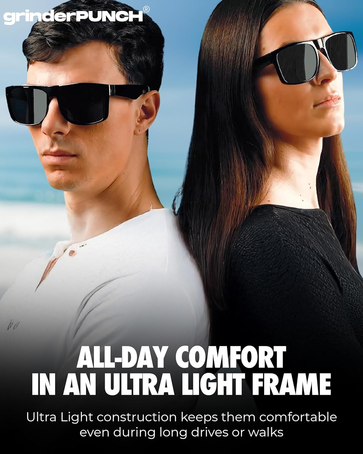 grinderPUNCH XL Polarized Sunglasses – Oversized Fit for Big Heads, Black Lens, Glossy Frame, Driving Shades