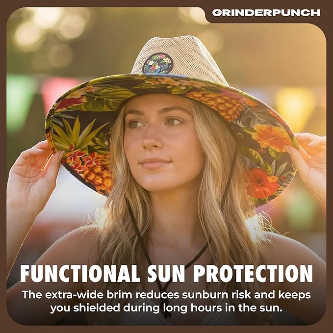 grinderPUNCH Lifeguard Hat Mens Straw Sun Hat for Outdoor, and Travel | UPF 50+ Sun Protection | Straw Beach Hat for Men (US, Alpha, One Size, Tropical Pineapple)