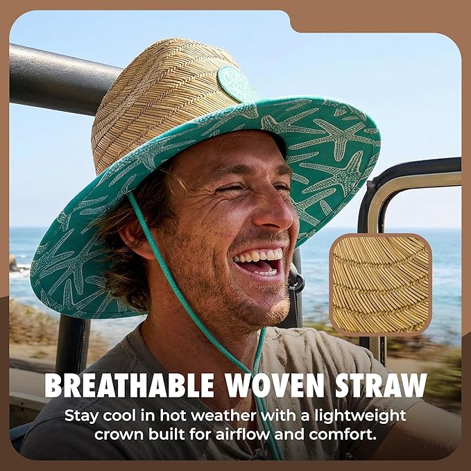 Lifeguard Hat Mens Straw Sun Hat for Beach, Outdoor, and Travel | UPF 50+ Sun Protection | Wide Brim Straw Beach Hat | Classic Sun Hat for Men and Women (Teal Starfish)