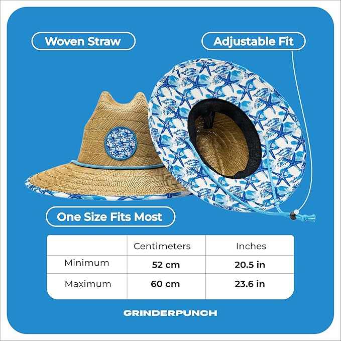 Lifeguard Hat Mens Straw Sun Hat for Beach, Outdoor, and Travel | UPF 50+ Sun Protection | Wide Brim Straw Beach Hat | Classic Sun Hat for Men and Women (White & Blue Floral)