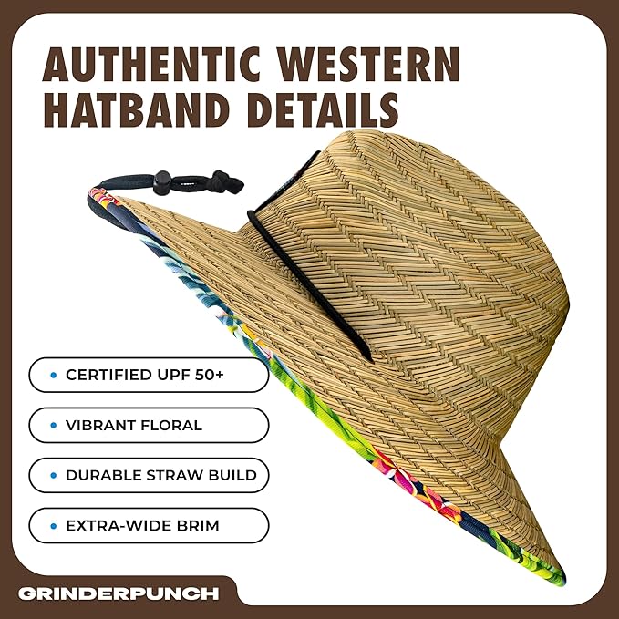 grinderPUNCH Lifeguard Hat Mens Straw Sun Hat for Outdoor, and Travel | UPF 50+ Sun Protection | Straw Beach Hat for Men (US, Alpha, One Size, Tropical Pineapple)