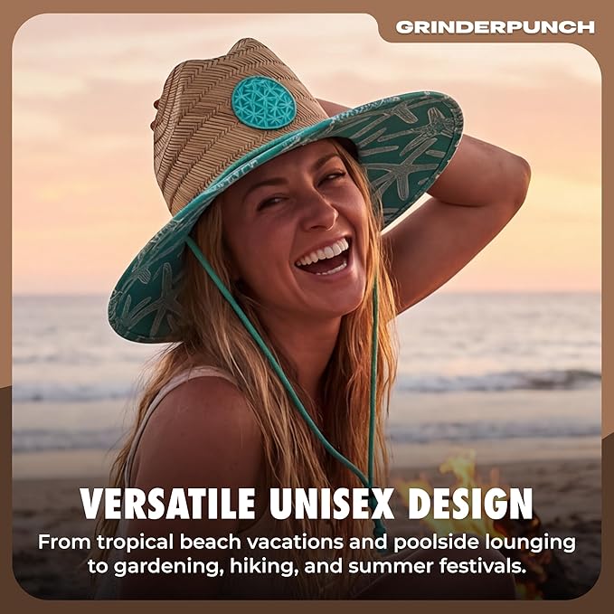 Lifeguard Hat Mens Straw Sun Hat for Beach, Outdoor, and Travel | UPF 50+ Sun Protection | Wide Brim Straw Beach Hat | Classic Sun Hat for Men and Women (Teal Starfish)