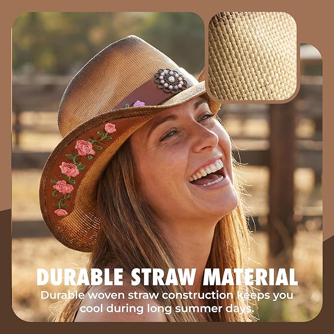 grinderPUNCH Western Outback Cowboy Hat Men's Women's Style Classic Straw Western Cowgirl Hat