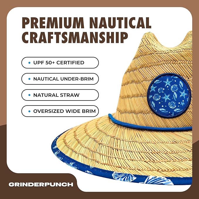 Lifeguard Hat Mens Straw Sun Hat for Beach, Outdoor, and Travel | UPF 50+ Sun Protection | Wide Brim Straw Beach Hat | Classic Sun Hat for Men and Women (Blue Nautical)