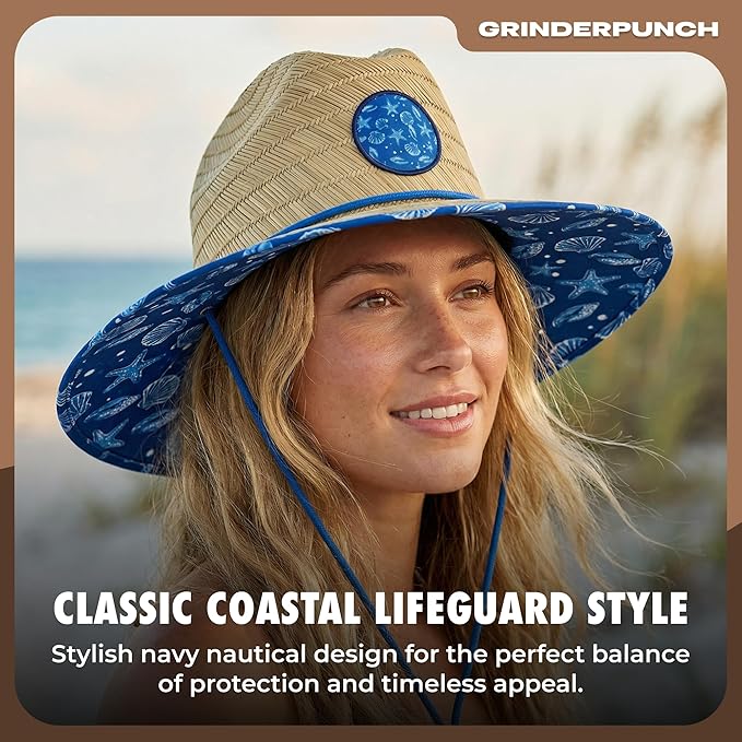 Lifeguard Hat Mens Straw Sun Hat for Beach, Outdoor, and Travel | UPF 50+ Sun Protection | Wide Brim Straw Beach Hat | Classic Sun Hat for Men and Women (Blue Nautical)