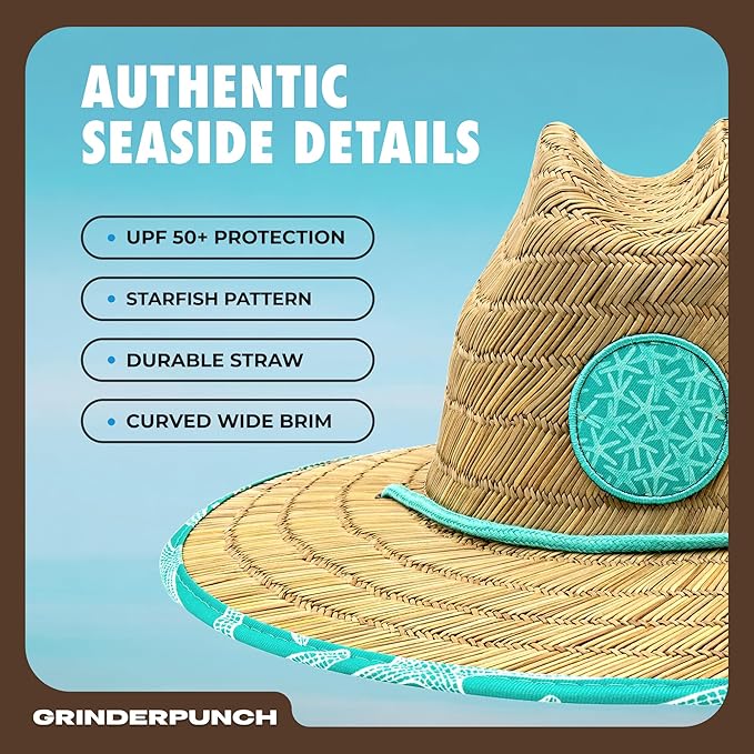 Lifeguard Hat Mens Straw Sun Hat for Beach, Outdoor, and Travel | UPF 50+ Sun Protection | Wide Brim Straw Beach Hat | Classic Sun Hat for Men and Women (Teal Starfish)