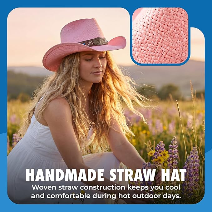 Western Outback Cowboy Hat Men's Women's Style Classic Straw Western Cowgirl Hat Pink