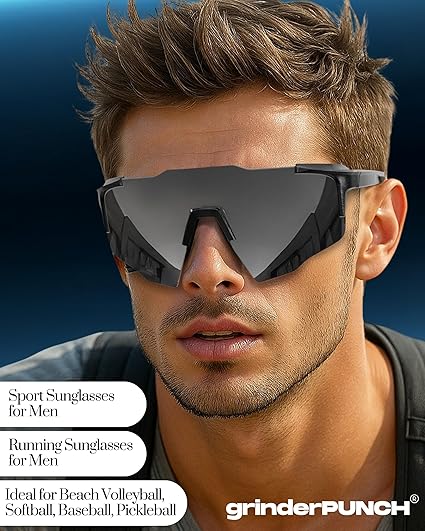 grinderPUNCH UV 400 Sports Sunglasses Cycling Glasses, Biking Goggles Running Hiking Golf Fishing Driving (Black)