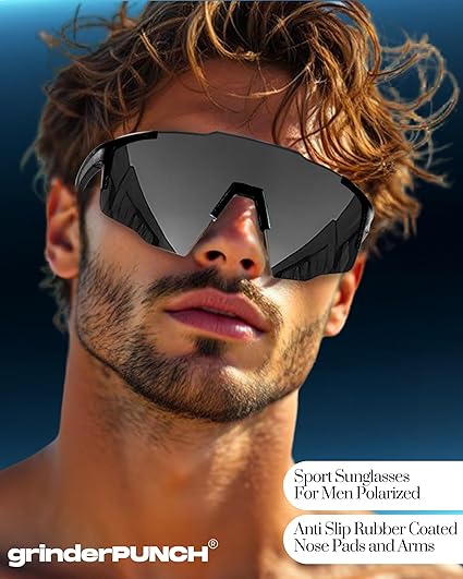 grinderPUNCH UV 400 Sports Sunglasses Cycling Glasses, Biking Goggles Running Hiking Golf Fishing Driving (Black)