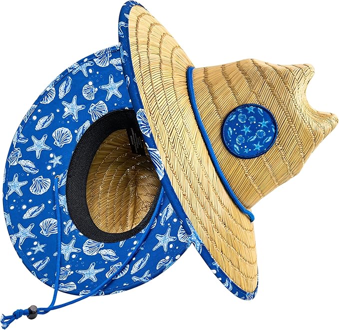 Lifeguard Hat Mens Straw Sun Hat for Beach, Outdoor, and Travel | UPF 50+ Sun Protection | Wide Brim Straw Beach Hat | Classic Sun Hat for Men and Women (Blue Nautical)