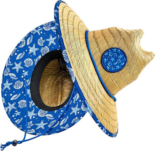 Lifeguard Hat Mens Straw Sun Hat for Beach, Outdoor, and Travel | UPF 50+ Sun Protection | Wide Brim Straw Beach Hat | Classic Sun Hat for Men and Women (Blue Nautical) - grinderPUNCH
