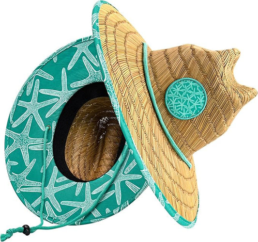 Lifeguard Hat Mens Straw Sun Hat for Beach, Outdoor, and Travel | UPF 50+ Sun Protection | Wide Brim Straw Beach Hat | Classic Sun Hat for Men and Women (Teal Starfish) - grinderPUNCH
