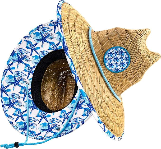 Lifeguard Hat Mens Straw Sun Hat for Beach, Outdoor, and Travel | UPF 50+ Sun Protection | Wide Brim Straw Beach Hat | Classic Sun Hat for Men and Women (White & Blue Floral)