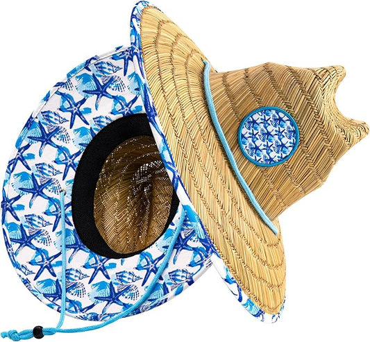 Lifeguard Hat Mens Straw Sun Hat for Beach, Outdoor, and Travel | UPF 50+ Sun Protection | Wide Brim Straw Beach Hat | Classic Sun Hat for Men and Women (White & Blue Floral) - grinderPUNCH