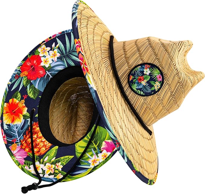 grinderPUNCH Lifeguard Hat Mens Straw Sun Hat for Outdoor, and Travel | UPF 50+ Sun Protection | Straw Beach Hat for Men (US, Alpha, One Size, Tropical Pineapple)