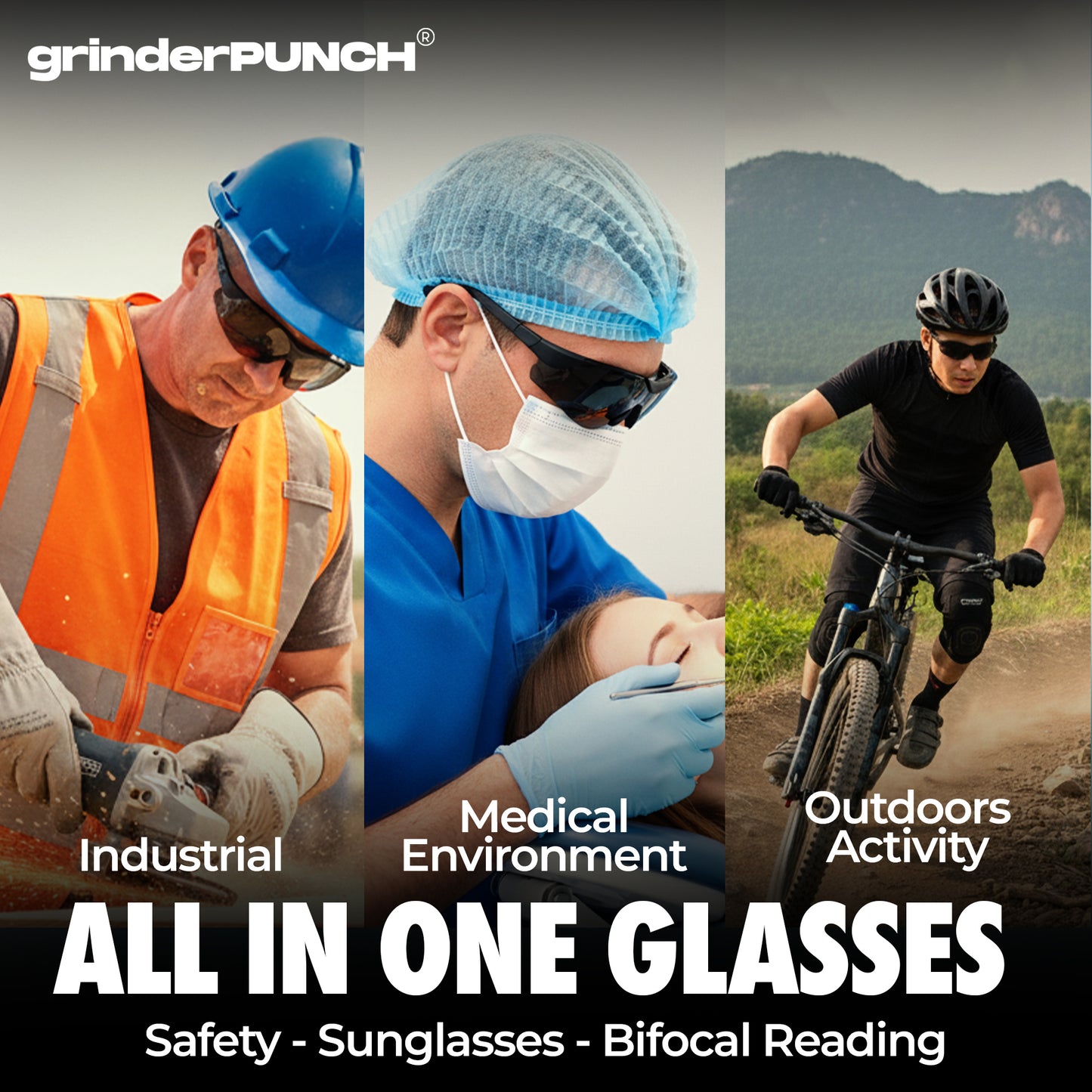 grinderPUNCH Bifocal Safety Sunglasses Sun Reading Glasses ANSI Z87 Impact Resistant Magnifier Sun Readers for Work Men Women