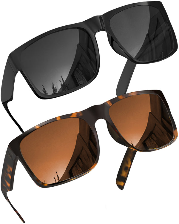 2 Pack XL Polarized Big Wide Frame Sports Driving Sunglasses (Black & Brown Polarized Lens,)