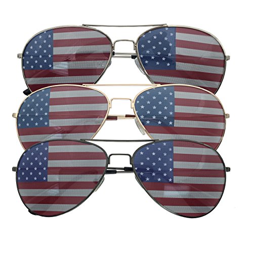 3 Pack Bulk USA America Glasses - American Flag Aviator Sunglasses - Assorted Colors