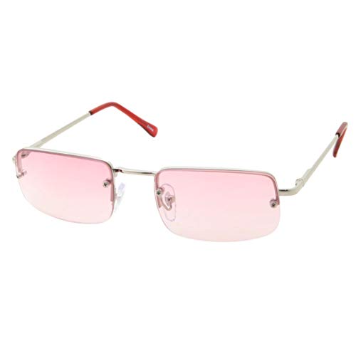 Small Slim 90's Popular Nineties Rectangular Sunglasses Clear Rimless Eyewear (Silver Frame - Pink)